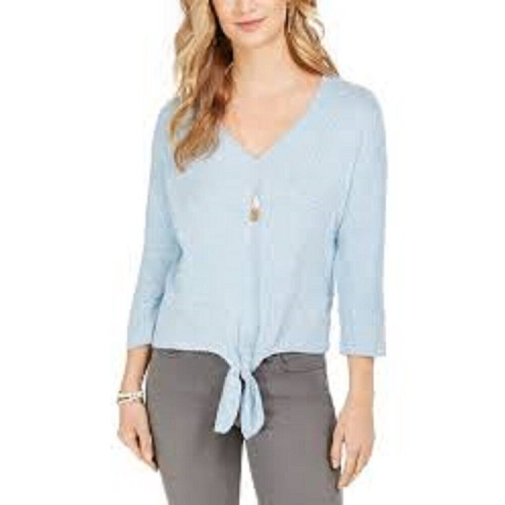 Style & Co Cropped Top Women's size L Light Blue Waist Tie 3/4 Sleeve NEW